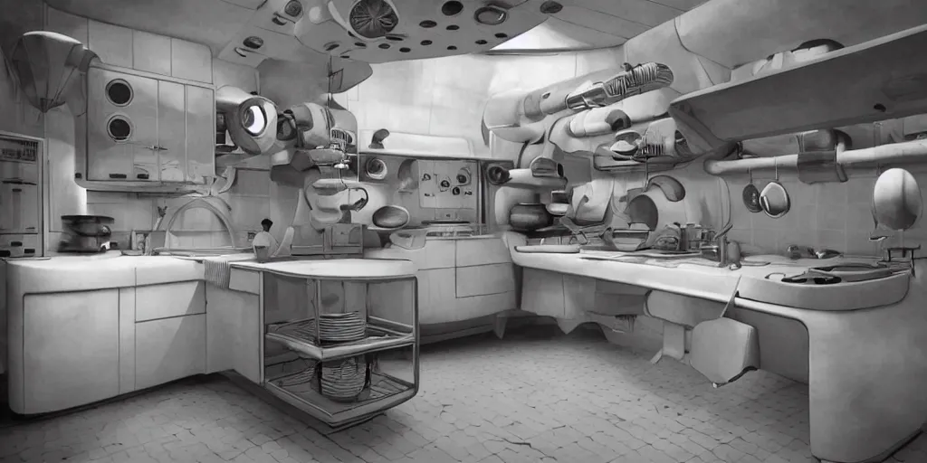 Image similar to soviet retro - futuristic kitchen, space station