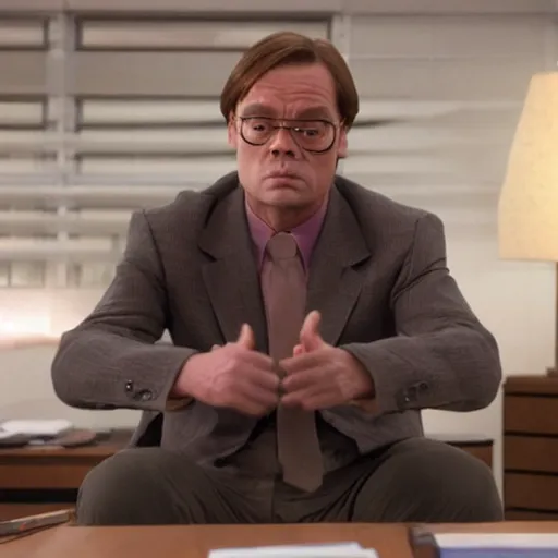 Image similar to Jean Claude Vandamme as Dwight Schrute on the office, cinematic still, high quality,