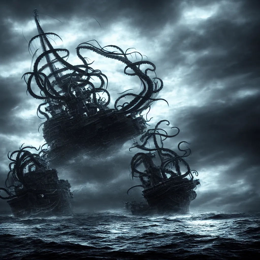Prompt: the kraken attacks the ship, dark and mysterious, stopped in time, atmospheric, ominous, eerie, cinematic, Epic, 8k, 4k, ultra detail, ultra realistic