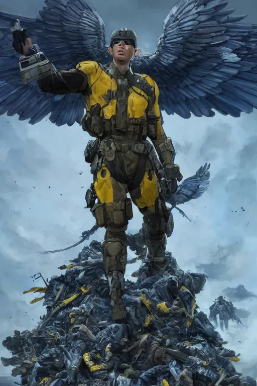 Image similar to A distant shot of a super soldier with a Ukrainian blue and yellow uniform with wings is standing on a pile of skulls, Call of Duty, marvel comics, dark, intricate, highly detailed, smooth, artstation, digital illustration by Ruan Jia and Mandy Jurgens and Artgerm and Wayne Barlowe and Greg Rutkowski and Frank Frazetta