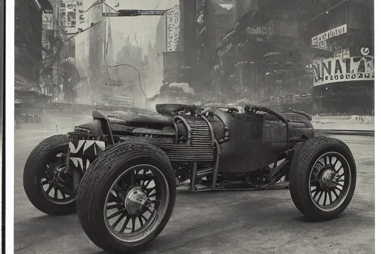 Prompt: cyberpunk 1 9 0 3 stanley steamer racecar by paul lehr, jesper ejsing, metropolis, parked by view over city, vintage film photo, damaged photo, scratched photo, scanned in, old photobook, silent movie, black and white photo