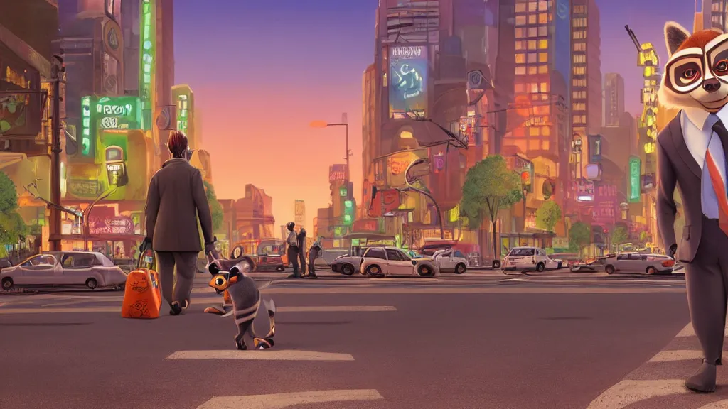 Image similar to An anthropomorphic raccoon businessman is walking down a busy crosswalk at sunset, warm lighting with an orange glow blanketing the cityscape, zootopia, other anthropomorphic characters are walking by him, extremely detailed, HDR, sideview, dramatic