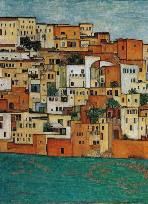 Image similar to small city in morocco with a bridge on local river, ten number house near a lot of palm trees, painting by egon schiele