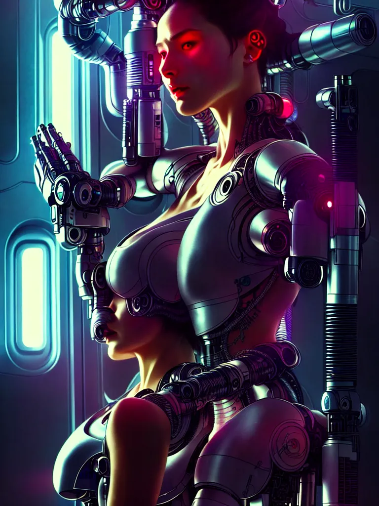 Image similar to ultra realistic, beautiful female cyborg, in a crowded smoky cyberpunk club, in space metropolis, portrait, sci-fi, intricate details, eerie, highly detailed, octane render, 8k, art by artgerm and alphonse mucha and moebius
