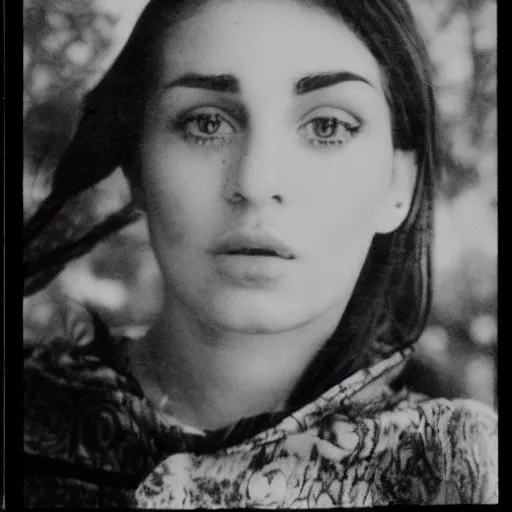 Image similar to old film photo of an atractive cool alternative bosnian woman in her early 20s. beautiful face. She has dark brown hair, dark thick eyebrows, brown eyes and shoulder long hair.