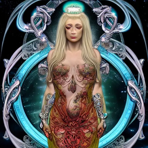 Image similar to blonde girl in a cosmic dress, full-body tattoos, ornate, rococo, grotesque, zbrush art, majestic, organics, silver filigree, colorful, dark fantasy, celtic knot, anatomical, h r giger style, moebius, frank frazetta, ornate, art nouveau, symmetrical, turquoise jewelry, red smoke, roses, unbiased render, rotten, Emil melmoth, eerie, macabre, haunting + insanely detailed and intricate, floral, faded pink, hypermaximalist, elegant, vintage, hyper realistic, super detailed, pastel colors,