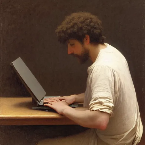 Image similar to an oil painting of an man playing a laptop, view from back, by Bouguereau, highly detailed and intricate, 1500,