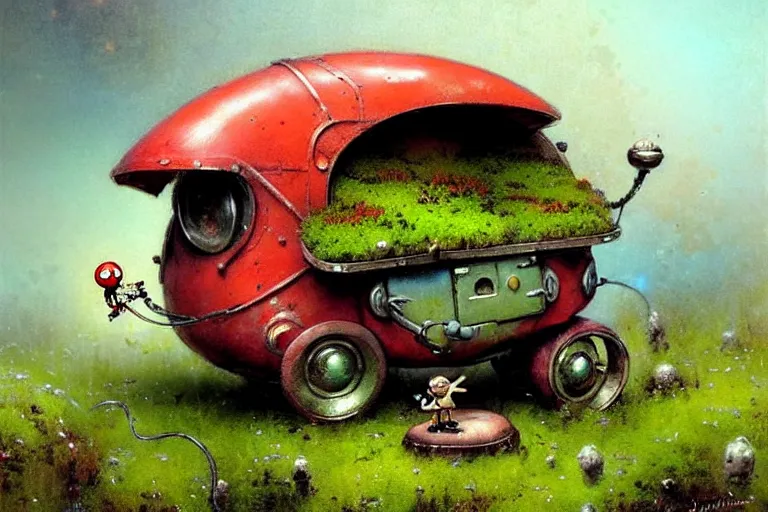 Prompt: adventurer ( ( ( ( ( 1 9 5 0 s retro future robot android mouse wagon. muted colors. background of mushrooms and moss ) ) ) ) ) by jean baptiste monge!!!!!!!!!!!!!!!!!!!!!!!!! chrome red