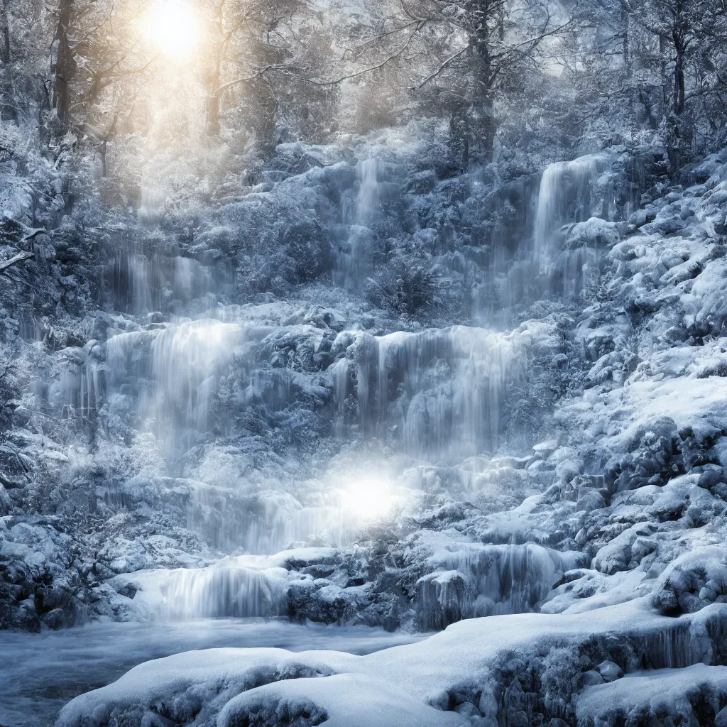 Image similar to infinite waterfall snowy landscape sun halo, octane render, dramatic, depth of field