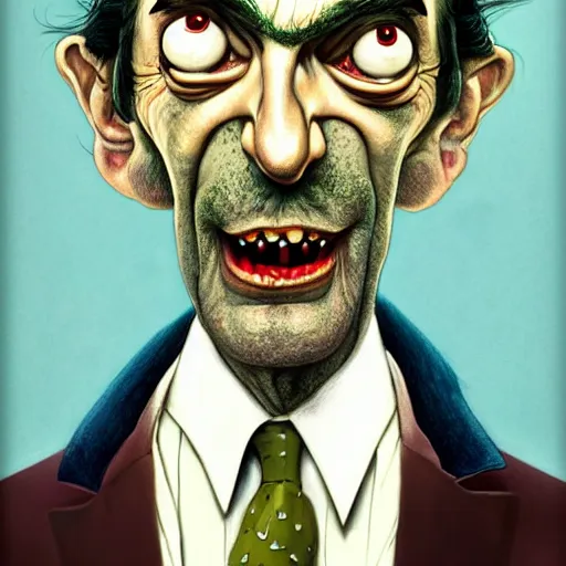 Image similar to mr. bean mad scientist psychopath, caricature, portrait by gaston bussierre and charles vess and james jean and erik jones and rhads, inspired by rick and morty, epic, funny, huge scale, beautiful fine face features, intricate high details, sharp, ultradetailed