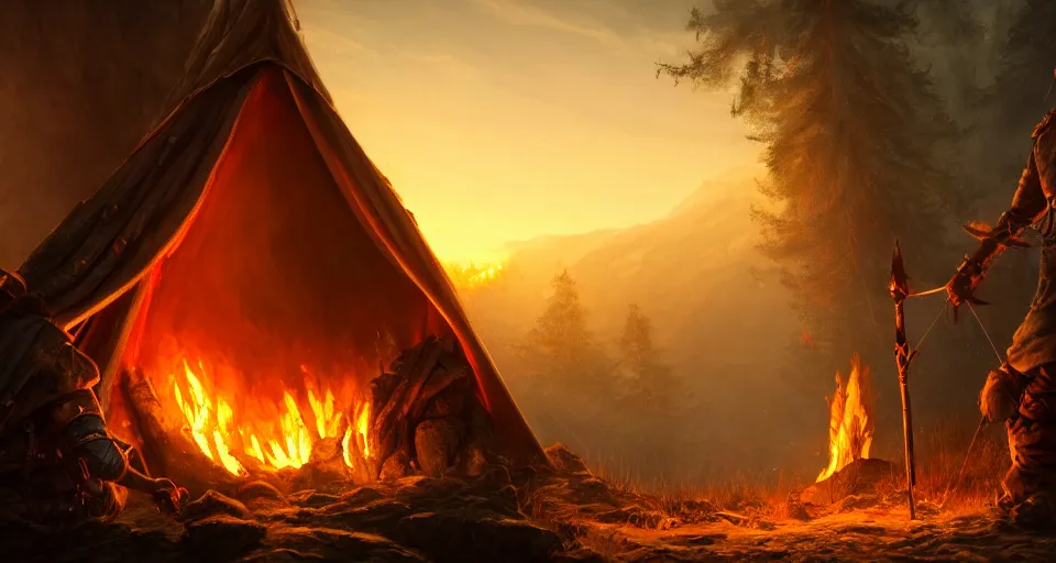 Prompt: an epic fantasy adventurer's tent left alone with a dying fire, 4 k, extremely detailed. award winning, trending on artstation, 8 k, ultra wide angle