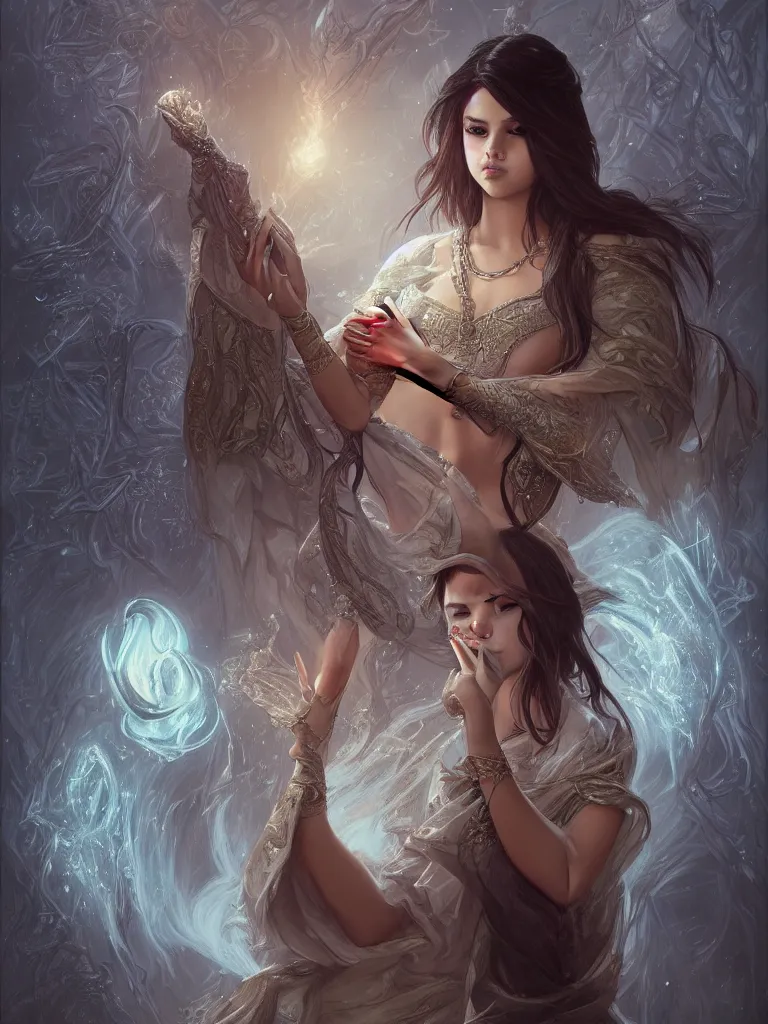 Image similar to Selena Gomez casting an frost spell, D&D, fantasy, intricate, elegant, highly detailed, digital painting, artstation, concept art, matte, sharp focus, illustration, hearthstone, art by Artgerm and Greg Rutkowski and Alphonse Mucha