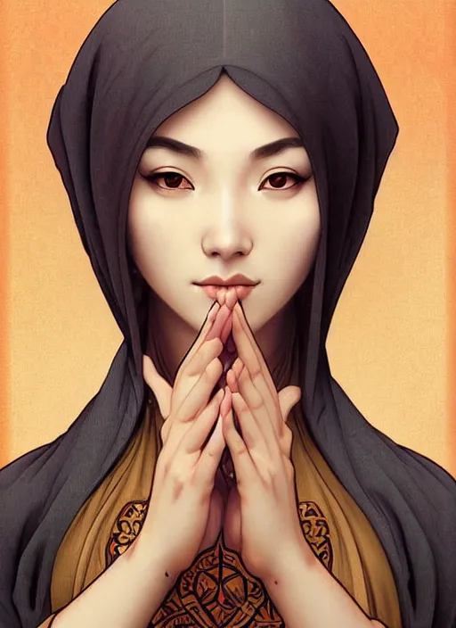 Image similar to A beautiful female monk, highly detailed, digital painting, smooth, sharp focus, symmetrical tarot illustration, art by artgerm and alphonse mucha, high definition digital art, in the style of Ross tran and ilya kuvshinov