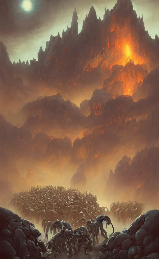Image similar to army of chimpanses at the entrance of hell by peter mohrbacher