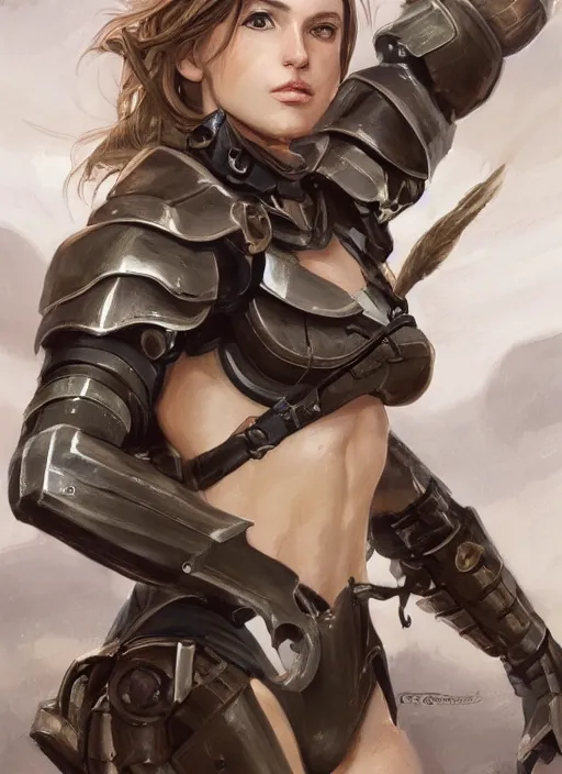 Prompt: a professionally painted portrait of an attractive young girl, partially clothed in battle armor, olive skin, long dark hair, beautiful bone structure, symmetrical facial features, intricate, elegant, digital painting, concept art, smooth, sharp focus, finely detailed, beautifully framed, from Metal Gear, in the style of Artgerm and Greg Rutkowski and William-Adolphe Bouguerea