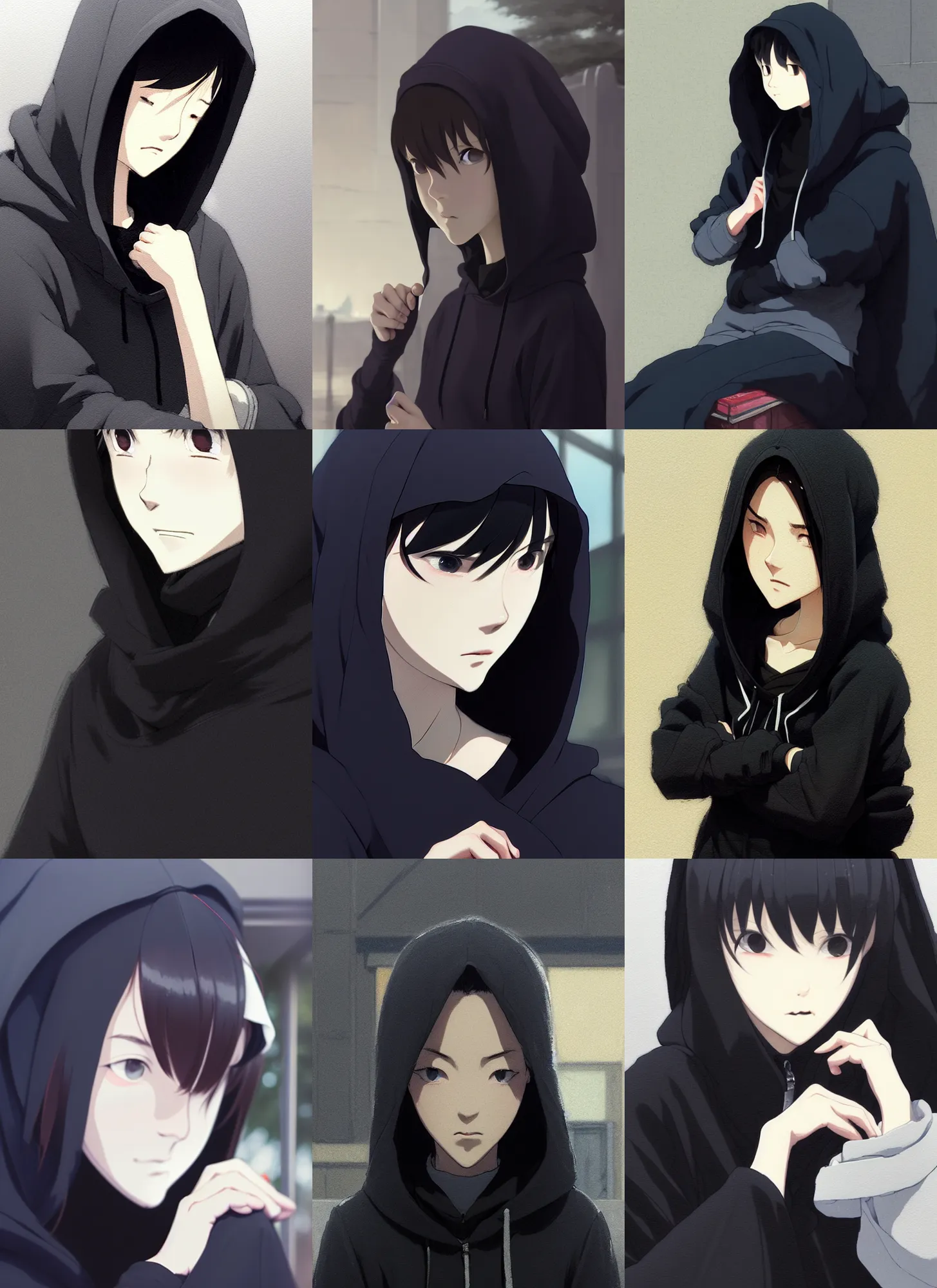 Prompt: a film still portrait of a woman wearing black hoodie, finely detailed features, closeup at the faces, perfect art, sitting on a bench, gapmoe yandere grimdark, trending on pixiv fanbox, painted by greg rutkowski makoto shinkai takashi takeuchi studio ghibli, akihiko yoshida