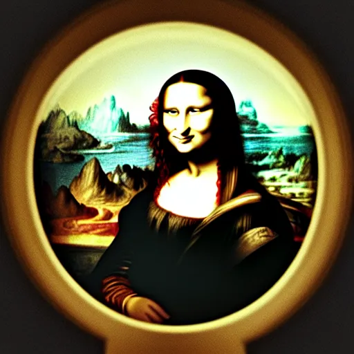 Image similar to fish eye of mona lisa looking me, dark lighting