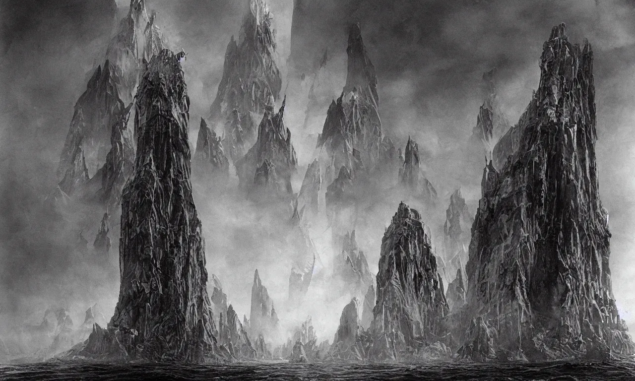 Image similar to monolithic lovecraftian city of insane cyclopean towers and gravity - defying megastructures in the mountains of antarctica, upward angle, dramatic low lighting, by bill sienkiewicz, rodney matthews and stephen gammell, extremely hyperdetailed, photorealism, 8 k, 8 mm, octane