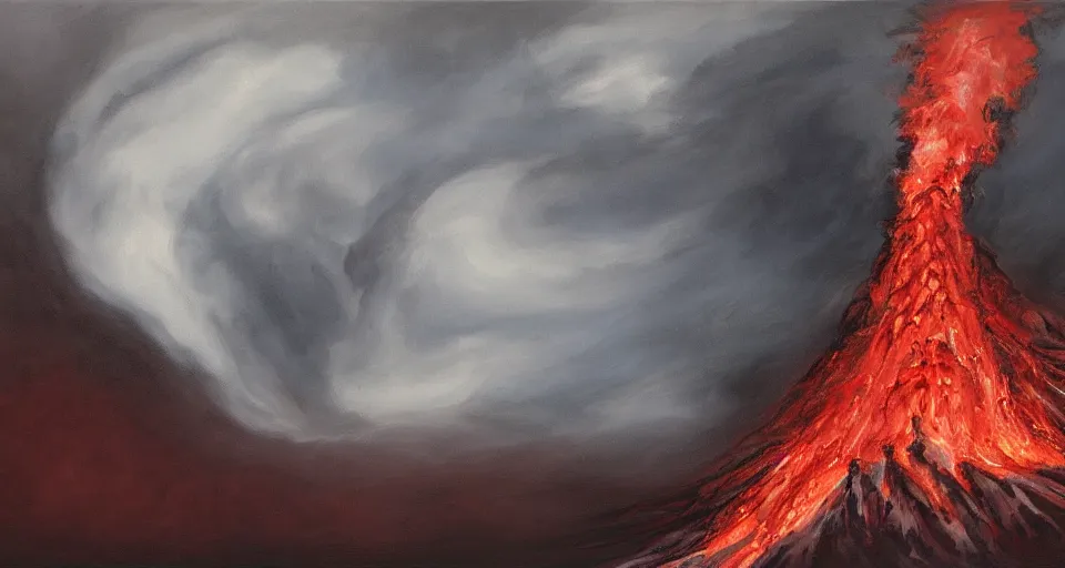 Image similar to a volcano made of ivory vines and crimson rocks enters in eruption, it spits a smoke in the shape of demonic eye, by Emilia Wilk