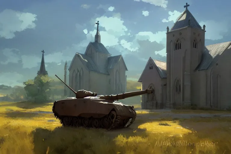 Image similar to a tank with a church as tanktower, scene in an open field. key visual, conceptart, ambient lighting, highly detailed, digital painting, artstation, concept art, sharp focus, by makoto shinkai and akihiko yoshida and greg manchess