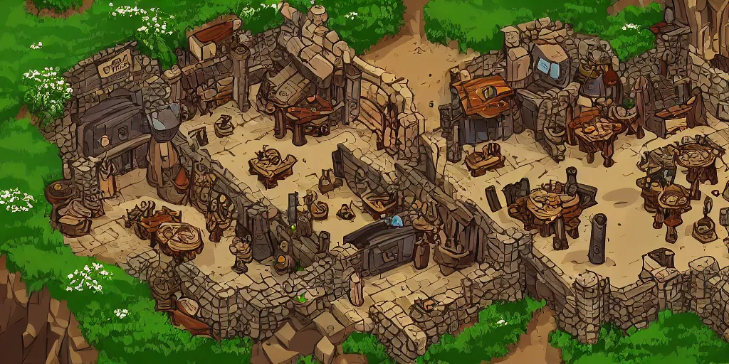 Image similar to A high detailed vector art presenting an aerial view of a RPG tavern by dofus , Patreon content, containing tables and walls, HD, straight lines, vector, grid, dnd map, map patreon, fantasy maps, foundry vtt, fantasy grounds, aerial view ,dungeondraft , tabletop, inkarnate, dugeondraft, roll20