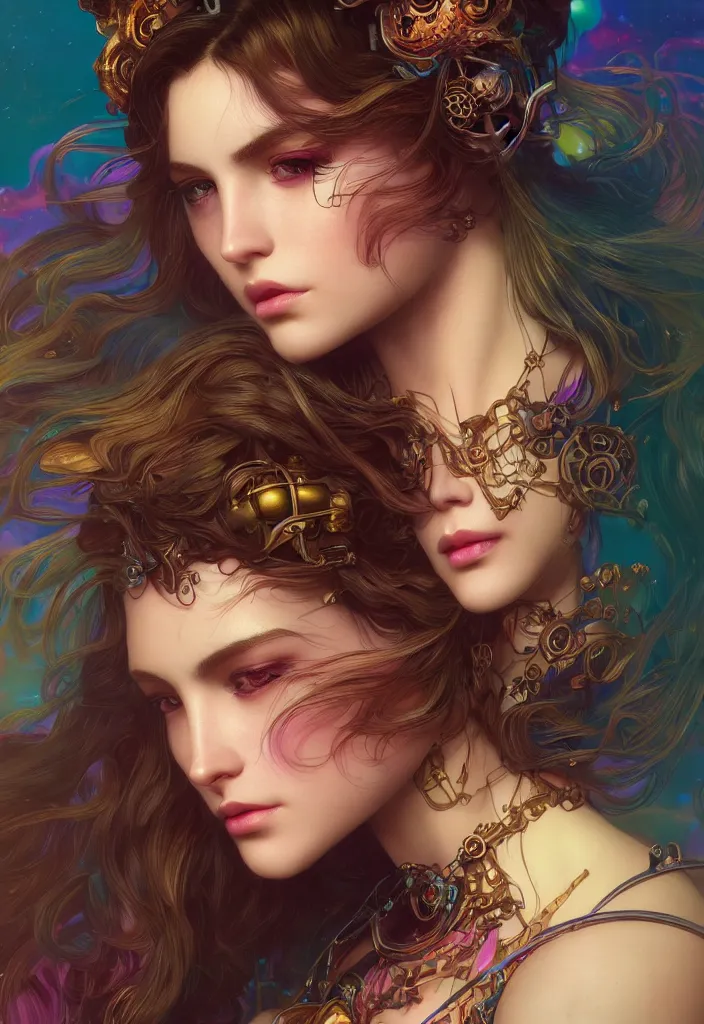 Prompt: beautiful, young woman, detailed gorgeous face, magical, steampunk, vaporwave aesthetic, synthwave, colorful, psychedelic, artstation, concept art, smooth, extremely sharp detail, finely tuned detail, ultra high definition, 8 k, unreal engine 5, ultra sharp focus, illustration, art by artgerm, greg rutkowski and alphonse mucha