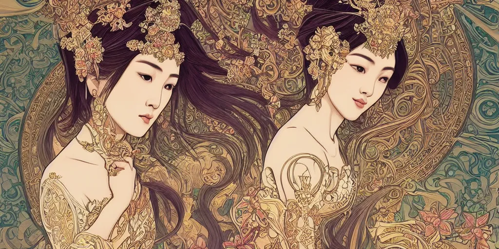 Image similar to beautiful and detailed digital illustration of thai princess by kittichai rueangchaichan, floralpunk, Artstation, art nouveau aesthetic, Alphonse Mucha background, intricate details,concept art, realistic, dramatic, detailed intricate ink illustration, heavenly atmosphere