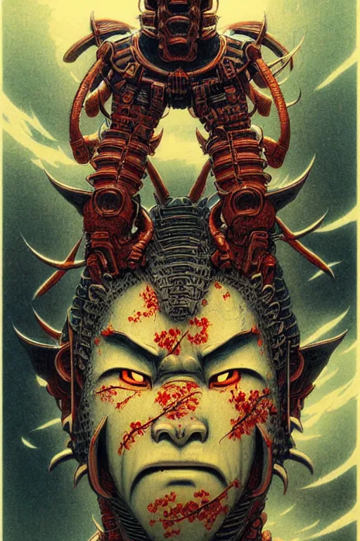 Image similar to japanese oni, character portrait, portrait, close up, concept art, intricate details, highly detailed, cherry blossom, soft light, vintage sci - fi poster, in the style of chris foss, rodger dean, moebius, michael whelan, and gustave dore