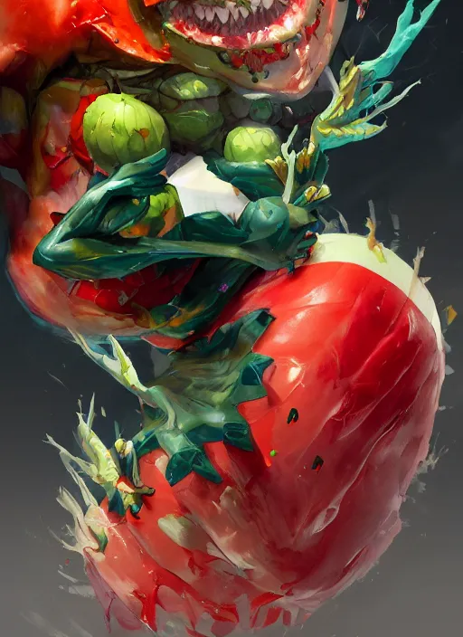 Prompt: semi reallistic gouache gesture painting, by yoshitaka amano, by ruan jia, by Conrad roset, by dofus online artists, detailed anime 3d render watermelon monster, watermelon terrible monster, antrophomorfic watermelon, portrait, cgsociety, artstation, rococo mechanical, Digital reality, sf5 ink style, dieselpunk atmosphere, gesture drawn