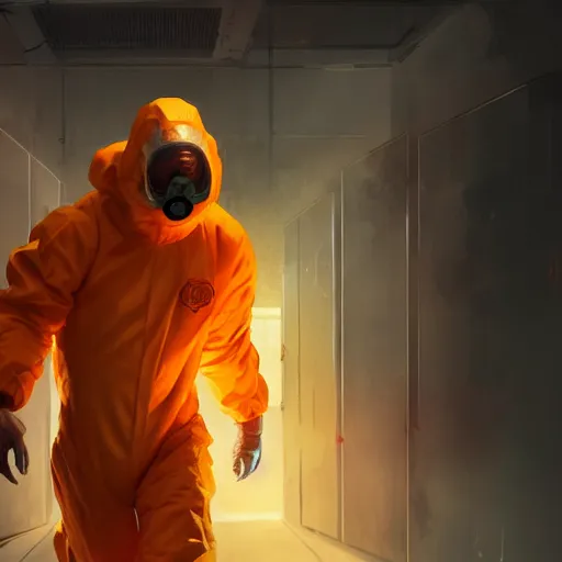 Image similar to commission of a man in an orange hazmat suit running from a mutant in a laboratory ,character design by charles bowater,greg rutkowski,ross tran,hyperdetailed,hyperrealistic,4k,deviantart,artstation,professional photography,concept art