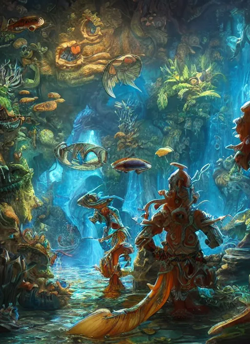 Prompt: people observing lots of beautiful fish in an underground aquarium corridor, in the style of tony sart, fantasy art, ray tracing, water droplets, highly detailed, artstation trend, highly detailed and intricate, sharp focus, photography, unreal engine 5