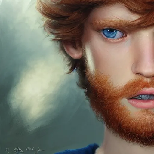 Image similar to 2 4 - year - old man, masculine face, ginger hair, sapphire blue eyes, hyper realistic face, beautiful eyes, highly detailed, digital painting, smooth, sharp, beautiful face, expressive eyes, long fluffy wavy ginger hair, art by greg rutkowski and alex gray