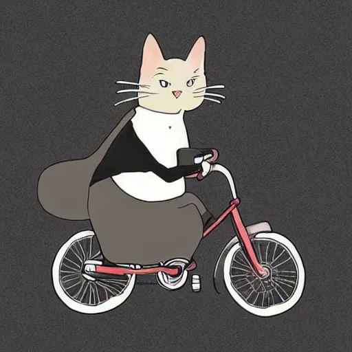 Image similar to “ angry cat wearing a suit riding a bike, studio ghibli, spirited away, anime, by hayao miyazaki ”