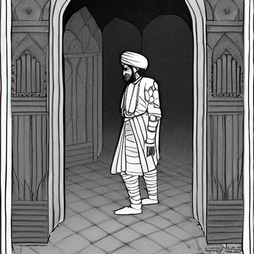 Image similar to sideview of a mughal emperor walking through a mystical door leading to another dimension, fantasy, artstation detailed digital art