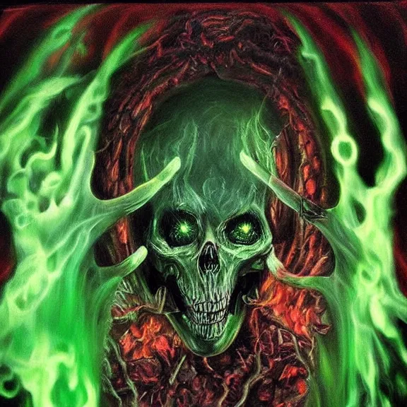 Image similar to woman summon the deathgate portal to the green flame hellgod's home, photograph taken by lord illusion of hyperrealism, dark creepy oil painting