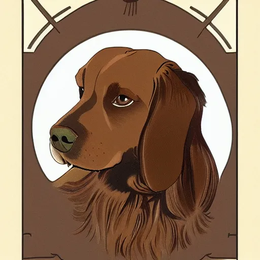 Prompt: portrait of brown cockerspaniel with a background in the style of mucha