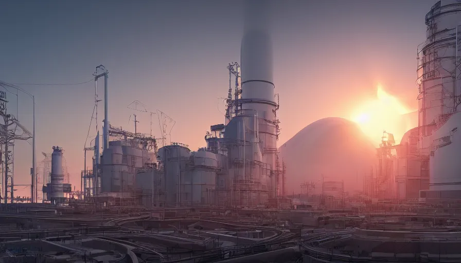 Image similar to real combined cycle powerplant, sunrise, hyperdetailed, artstation, cgsociety, 8 k