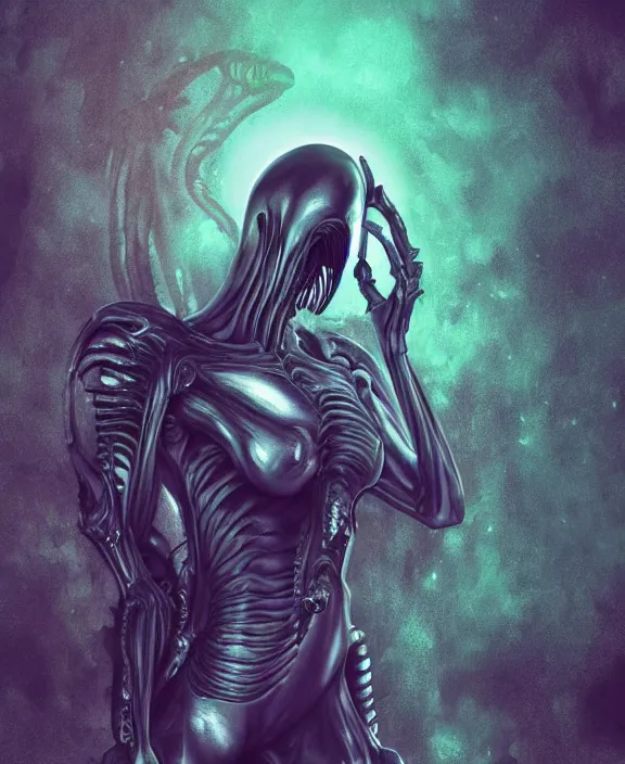 Image similar to xenomorph queen goth meditating model hybrid, dragon eggs, dark emerald mist colors, giger background liminal void, cinematic lighting, realistic, award winning photograph, various refining methods, micro macro autofocus