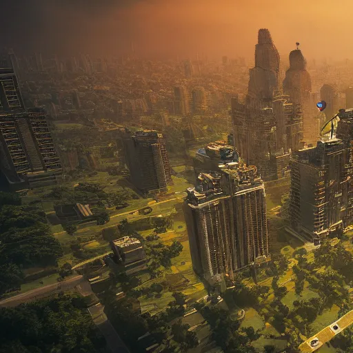 Image similar to mumbai in the year 2 0 7 0, epic, dramatic lighting from above, dark, vines, fantasy, dust, unreal engine, octane, highly detailed, concept art, dark, super realistic,