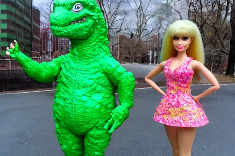 Image similar to Godzilla tea party with Barbie, plastic barbie doll, green rubber suit godzilla