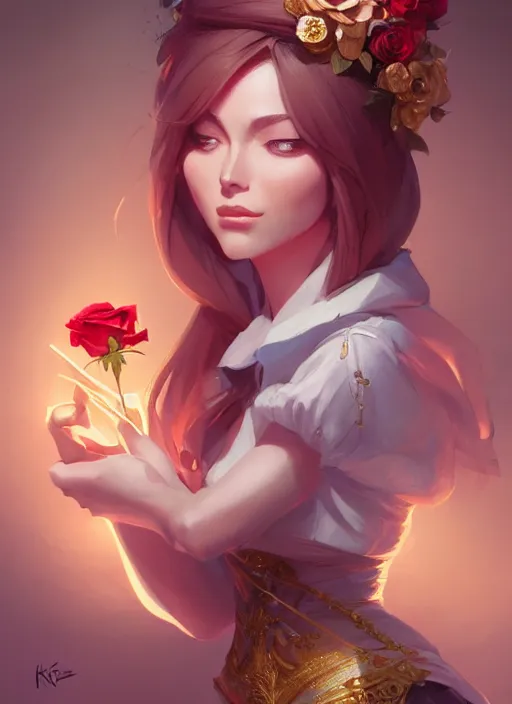 Prompt: female magician, wide angle view, roses, flowers, gold, diamonds, highly detailed, artgerm, cushart krenz, artstation, soft light, sharp focus, illustration, character design, concept art