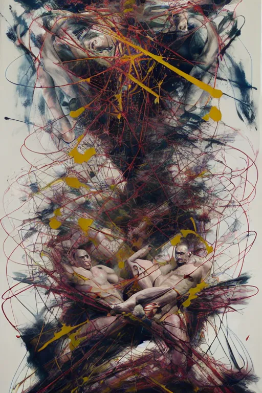 Image similar to muscular men entwined together, floating in space, zero gravity, inside a brutalist space ship, gothic, rich deep colours, painted by francis bacon, adrian ghenie, james jean and petra cortright, part by gerhard richter, part by jenny saville, part by takato yamamoto. 8 k masterpiece