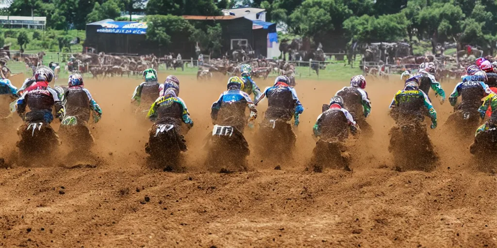 Image similar to a herd of cows, racing on a motocross track