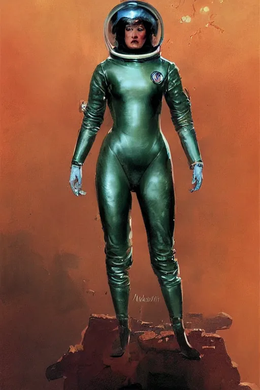 Image similar to pulp scifi fantasy illustration full body portrait of elegant strong woman wearing latex spacesuit, by norman rockwell, jack kirby, bergey, craig mullins, ruan jia, jeremy mann, tom lovell, 5 0 s, astounding stories, fantasy