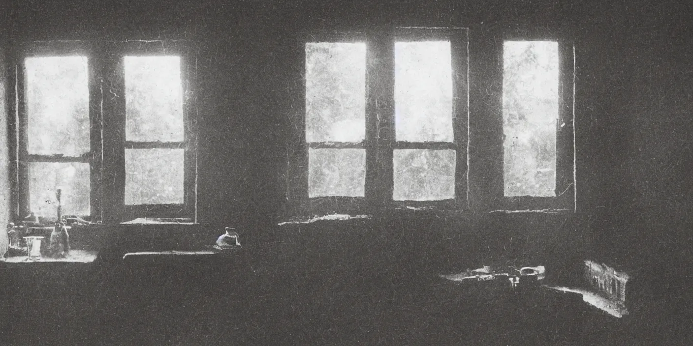 Prompt: 1 9 2 0 s photography from the inside of an old bavarian farmer pasture, tools and harmonica on the wall, faint light, low light, dust, old table, humanlike hay ghost starring inside through the window