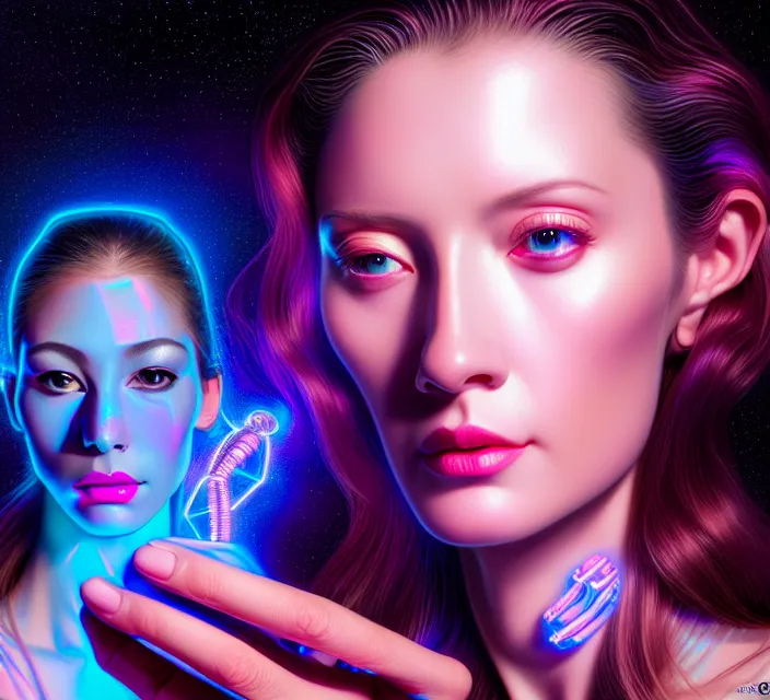 Image similar to beauty woman in holograms of alien artifacts, electrical case display, total recall tech, , ultrarealistic, dramatic lighting, electrical details, high details, 4k, 8k, best, accurate, trending on artstation, artstation, photorealism, ultrarealistic, digital painting, style of Tristan Eaton Stanley Artgerm and Hajime Sorayama, Caravaggio, Boris Vallejo