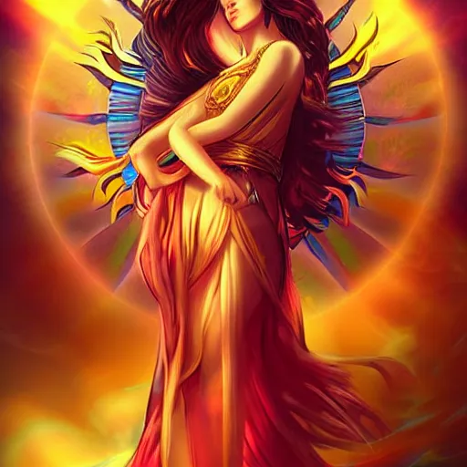 Prompt: beautiful goddess of the sun in the style of Ross Tran, high quality, high detail, fantasy