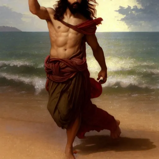 Image similar to an extremely detailed matte painting of a ridiculously good looking jesus that looks like a jewish gigachad with his 1 2 apostle entourage droing keg stands, long curly hair, elegant ancient greek dress, very detailed, windy beach, beautiful, intricate, cinematic, artstation, william bouguereau, alphonse mucha, greg rutkowski, rossdraws, octane render