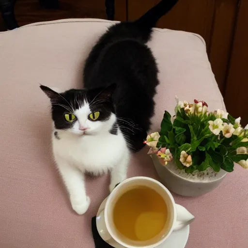 Prompt: british cat sipping on tea