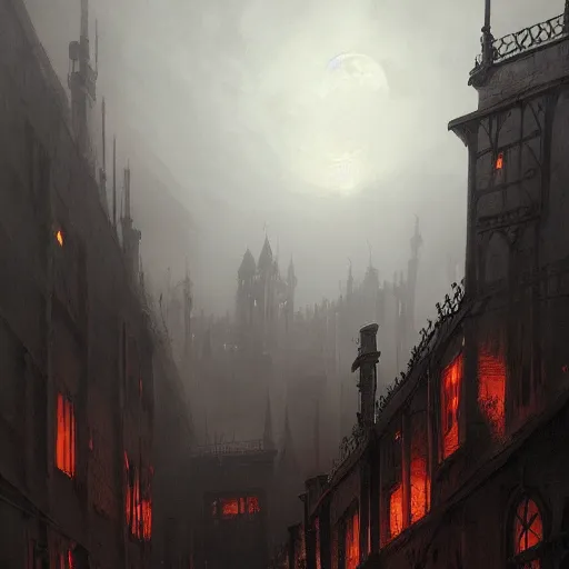 Image similar to A painting of a medieval city, dark fantasy, burning buildings, big red moon in the skies, city covered in fog, hyper detailed, high contrast, by Greg Rutkowski, trending on artstation